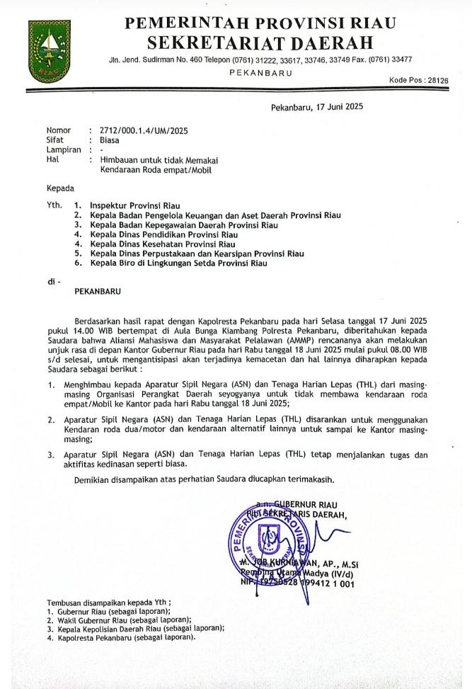 Besok, ASN dan THL Pemrov Riau Dihimbau Tak Gunakan Kendaraan Ada Unjuk Rasa